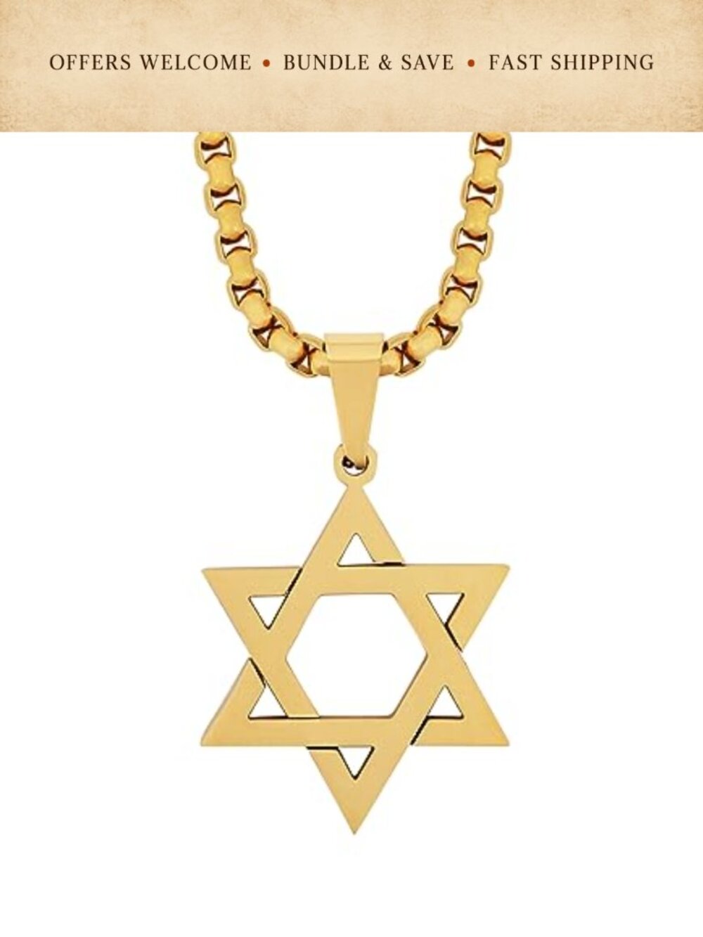 HAQUIL Stainless Steel Gold Plated Star of David Pendant Necklace 23.6in